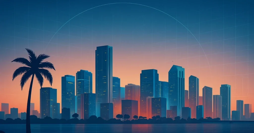 Digital illustration of Miami’s skyline with AI-themed visuals for a Miami Real Estate AI hub page.
